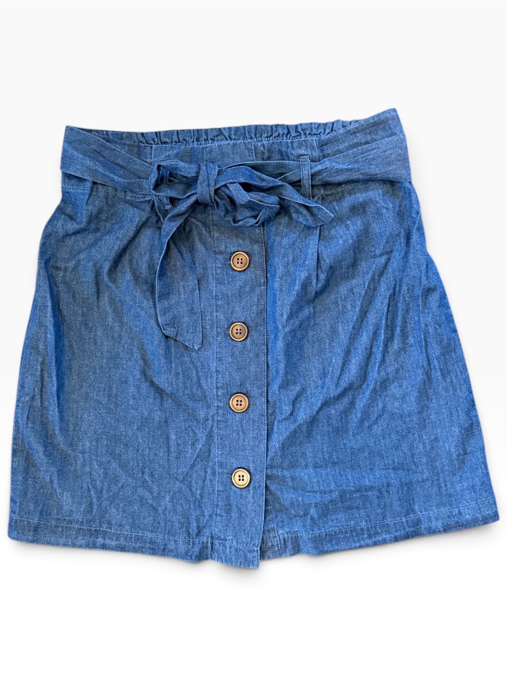Women’s Blue Denim Button-Front Skirt with Waist Tie XS